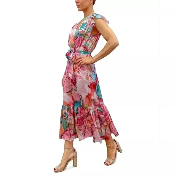 Sam Edelman Flora Printed Tie-Waist Faux-Wrap Flutter Sleeve Tiered Dress 14 NWT - Picture 2 of 8